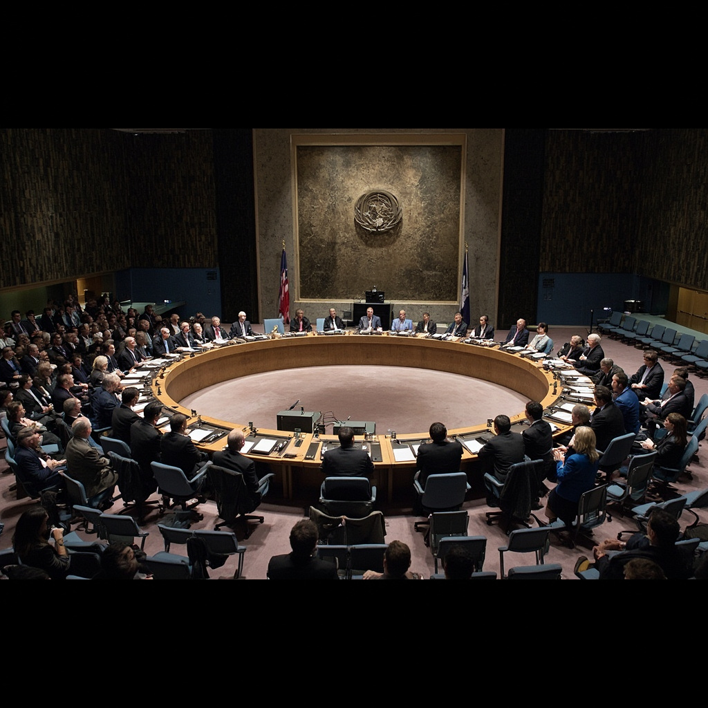 The UN Security Council chamber in New York with delegates seated around the horseshoe table
