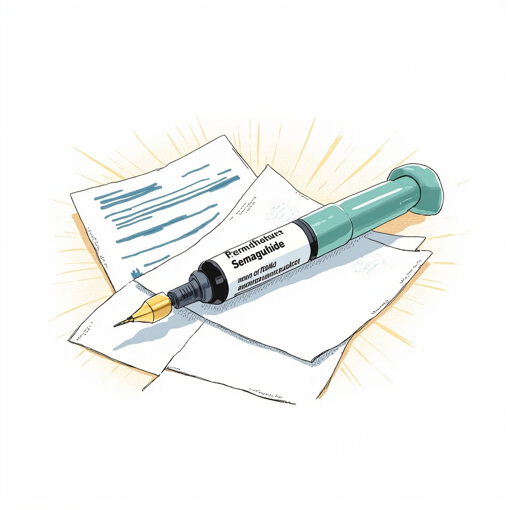 A semaglutide injection pen lying on a medical chart next to a prescription pad