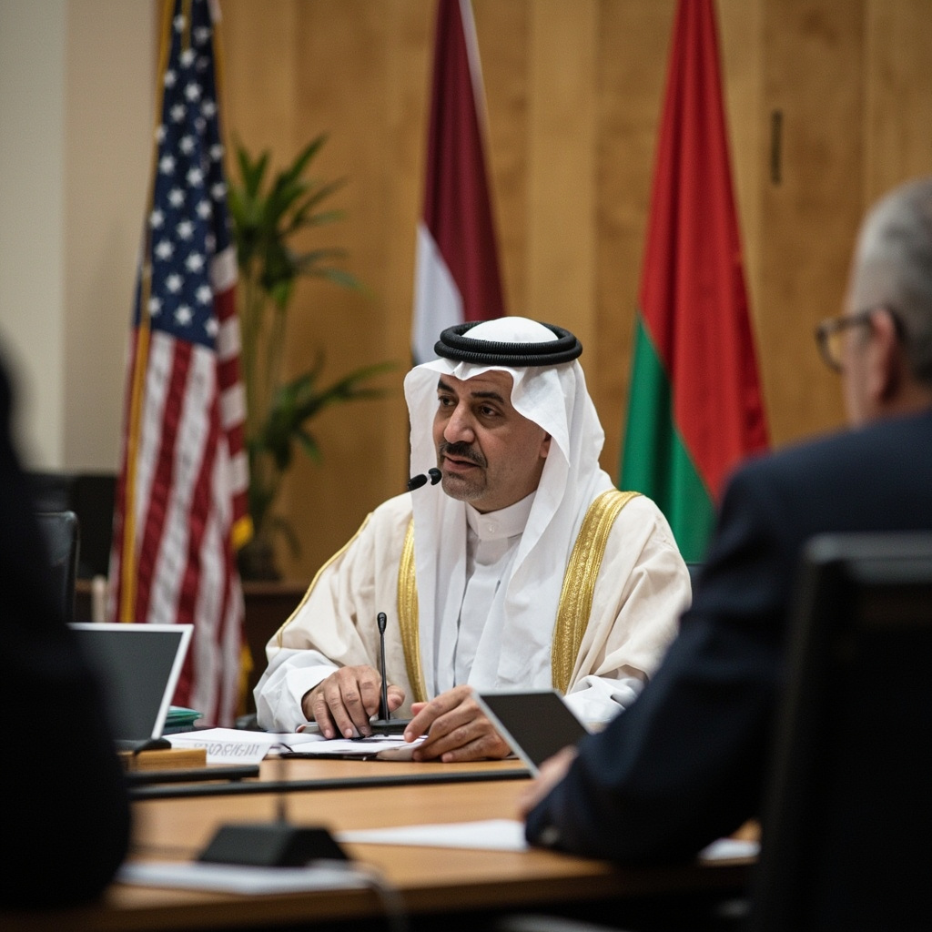 A diplomatic meeting room with flags of the United States and Gulf Cooperation Council member states