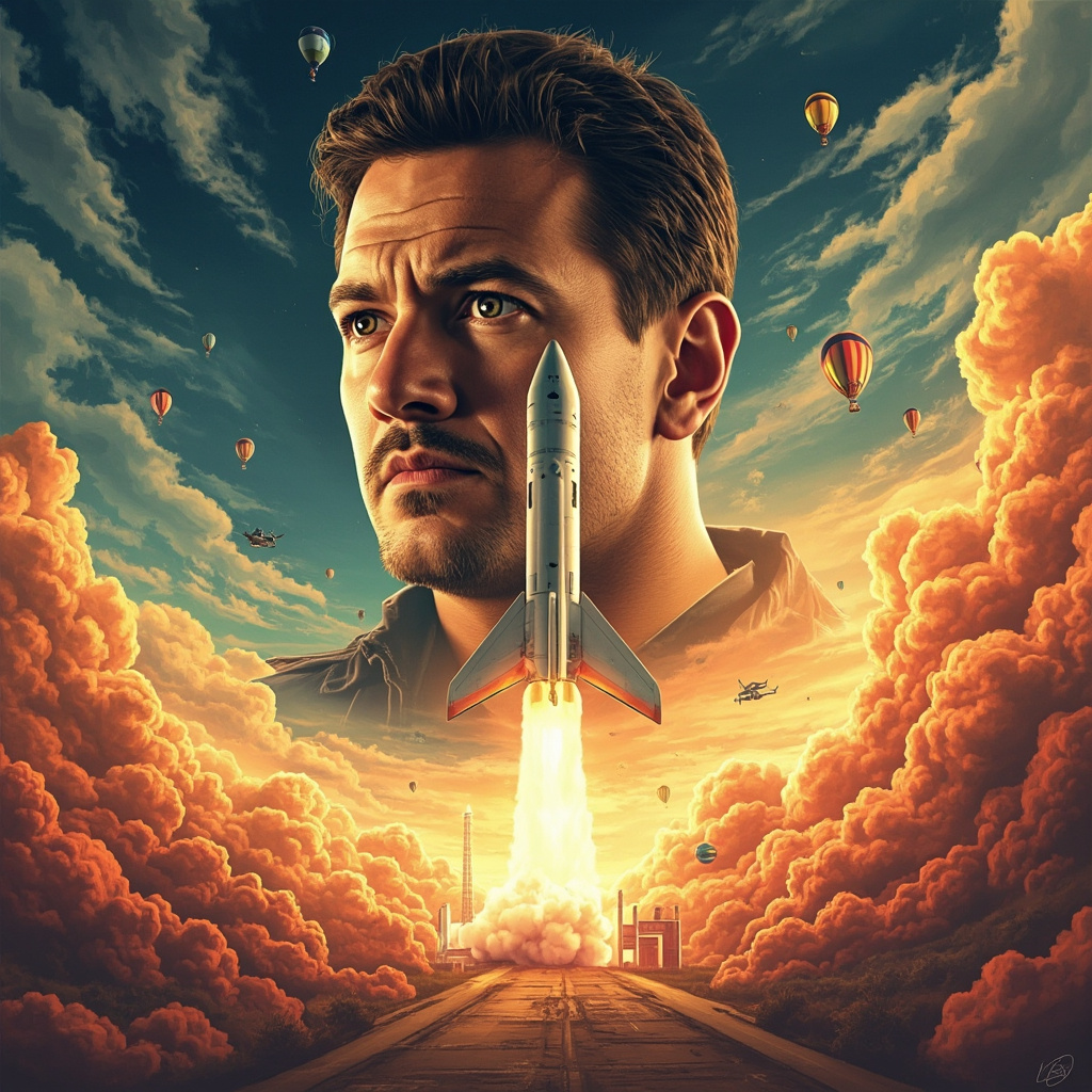 Split image of a movie poster and a rocket on the launchpad