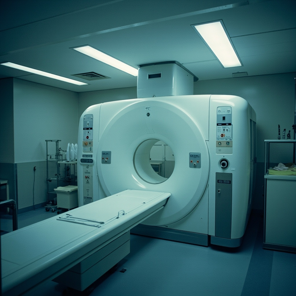 An MRI machine in a hospital with a supply chain warning overlay