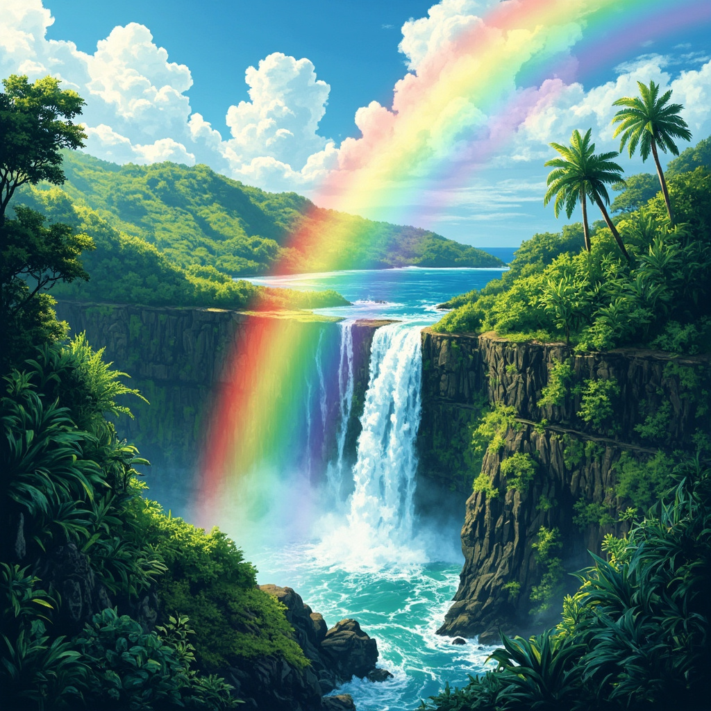 A rainbow arching over lush green cliffs and a waterfall near Hilo, Hawaii