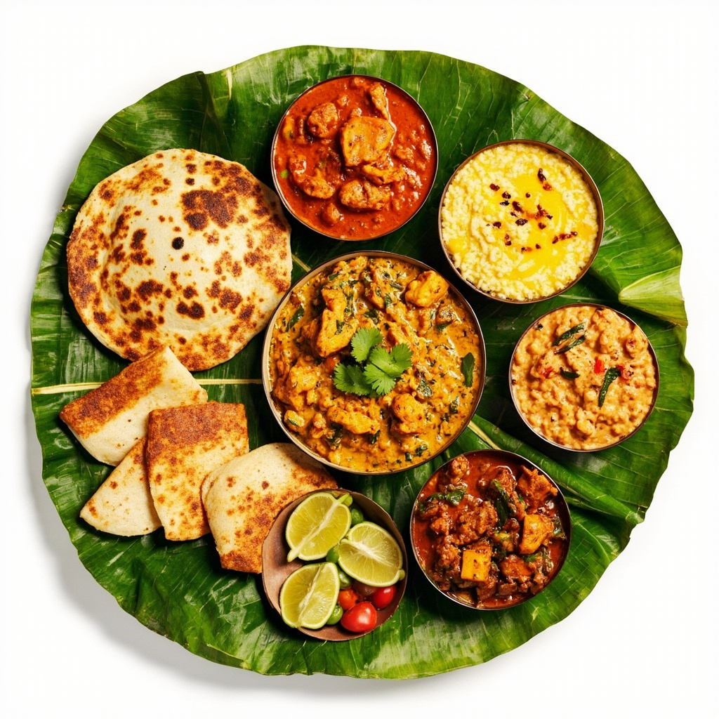 A vibrant spread of regional Indian dishes including dosa, chutney, and curry on a banana leaf