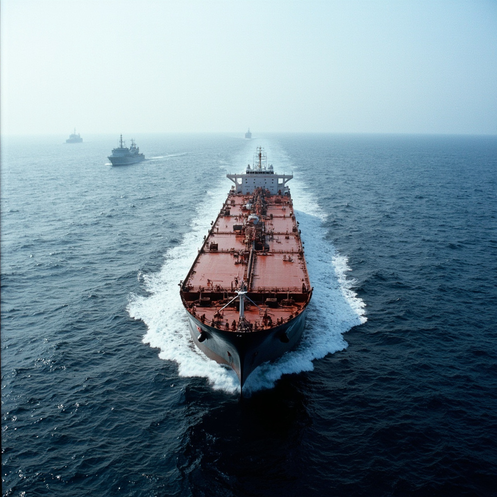 An oil tanker passing through a narrow ocean strait with military vessels visible in the distance