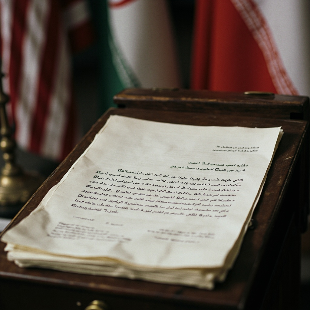 A diplomatic document on a desk with Iranian and American flags in the background