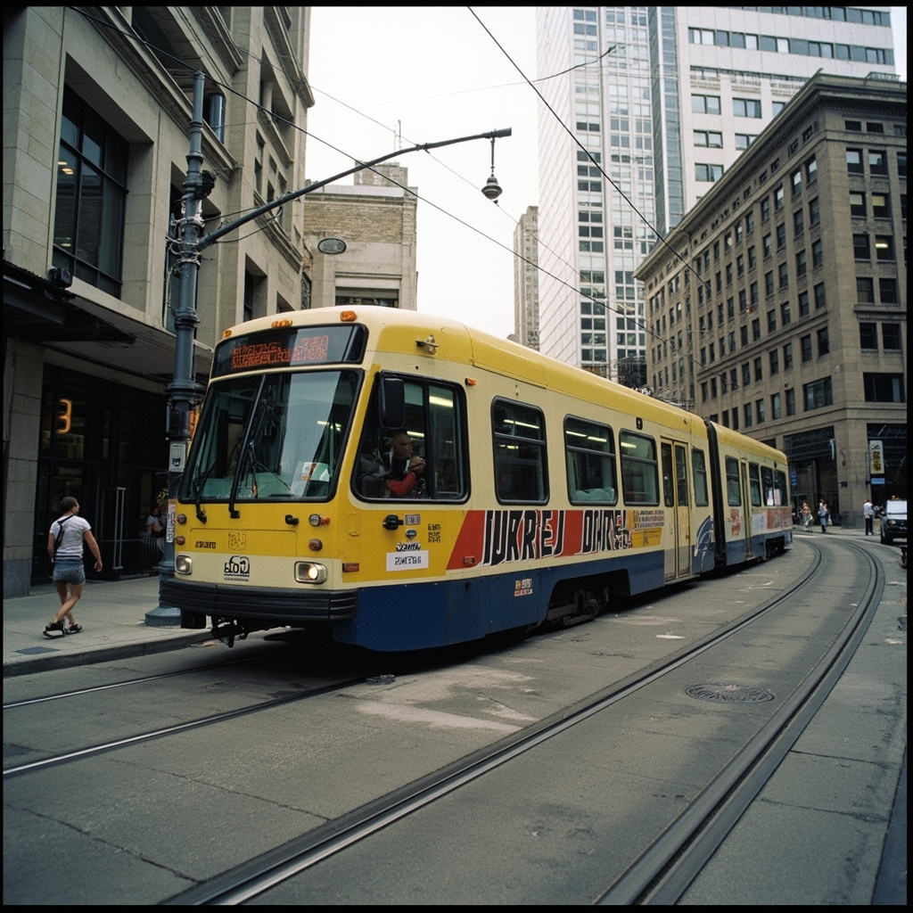 Kansas City streetcar on downtown tracks with World Cup branding