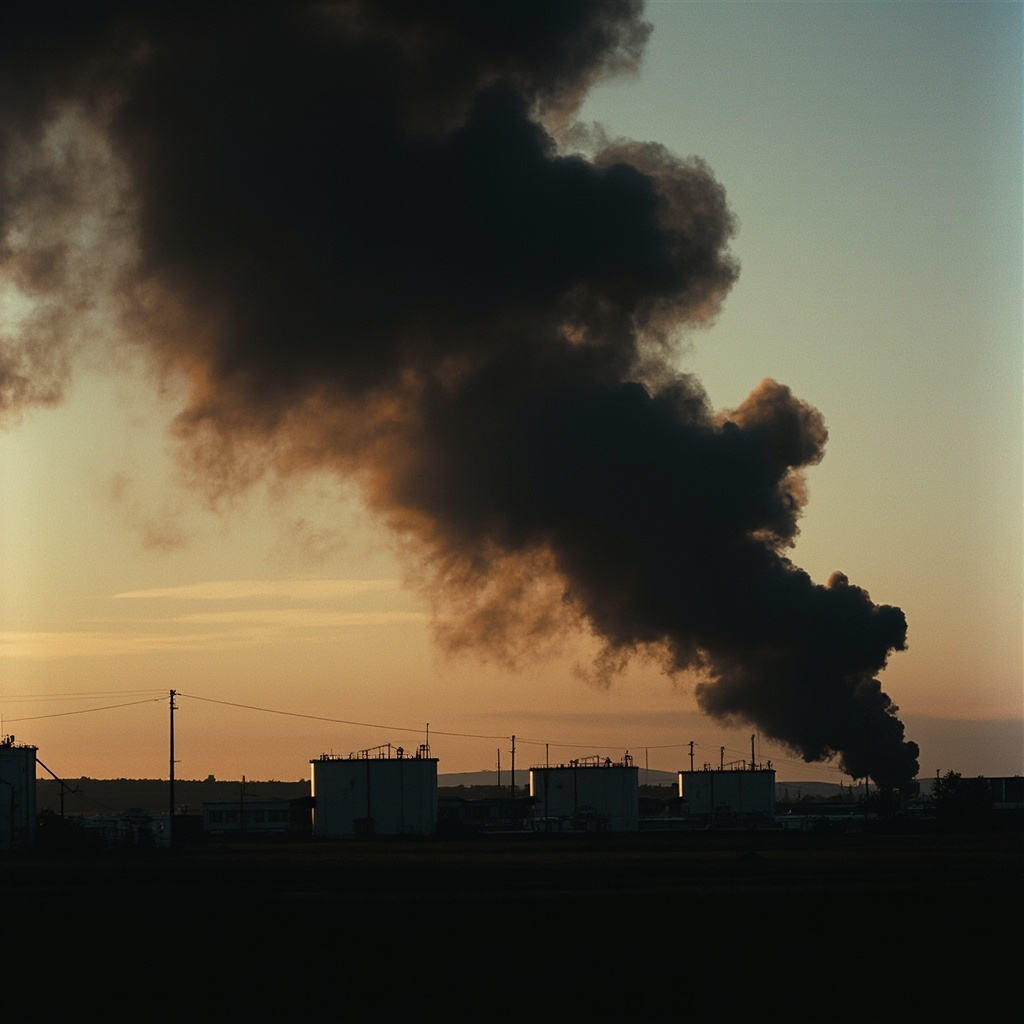 Black smoke billowing from fuel storage tanks near an airport terminal at dawn