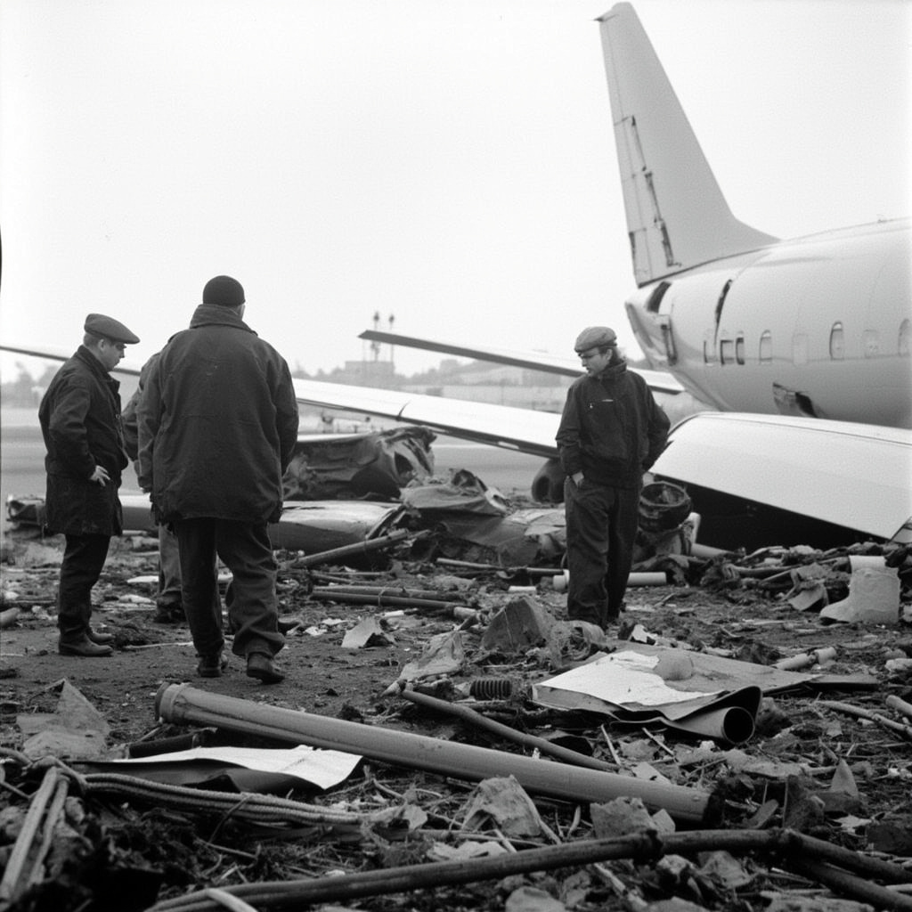 NTSB investigators examining wreckage on a runway at LaGuardia Airport