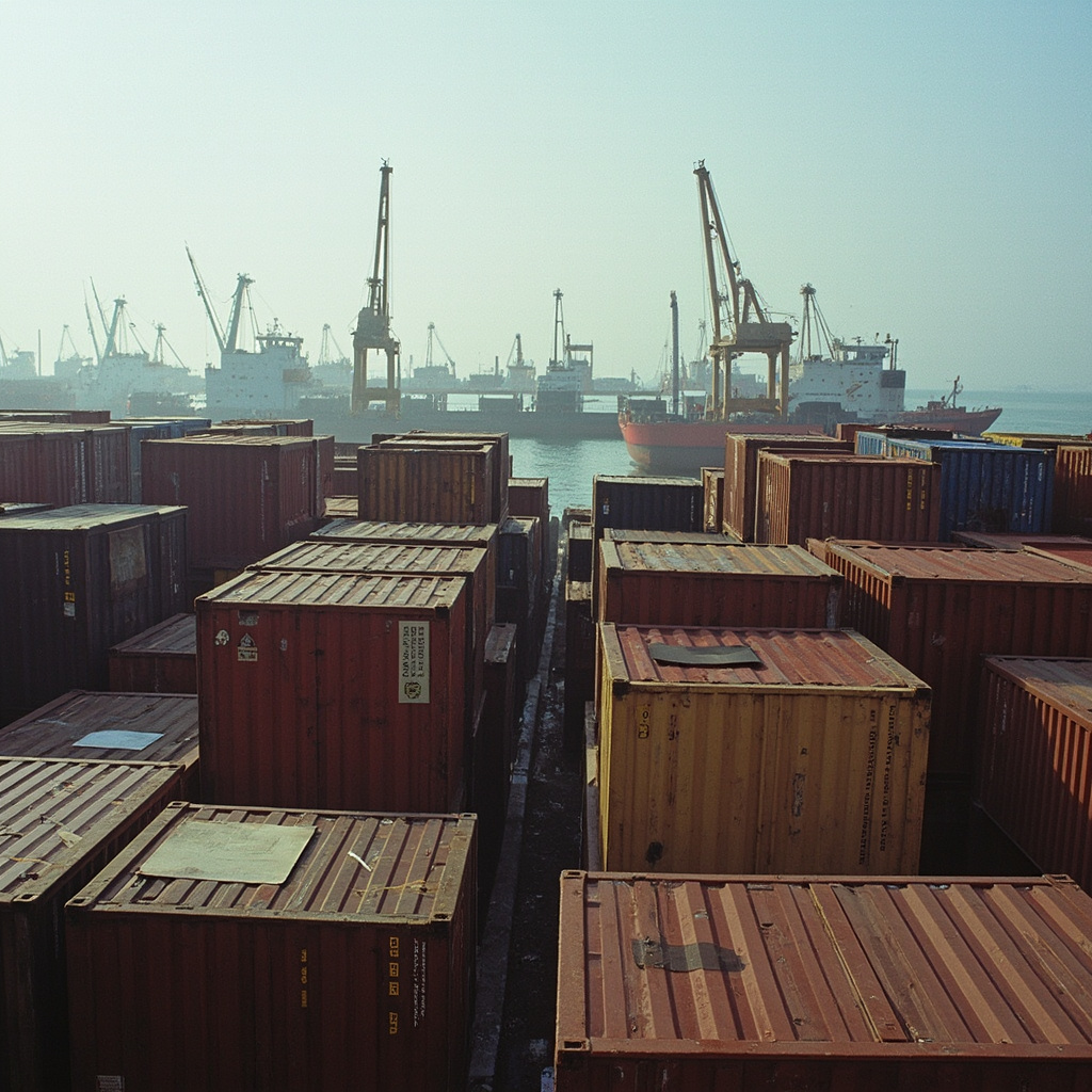 Cargo containers stacked at a Vietnamese port with ships in the background