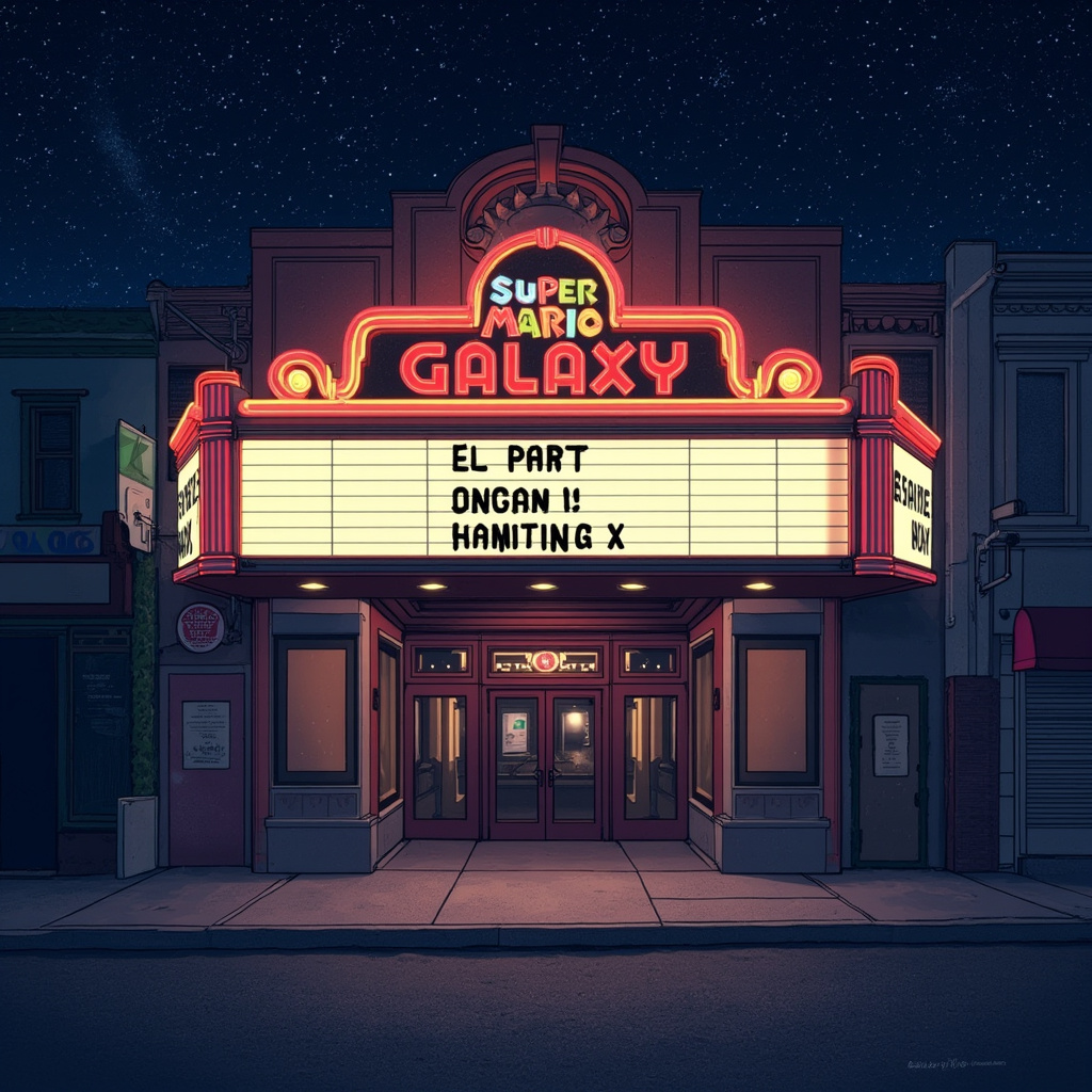 A movie theater marquee at night displaying The Super Mario Galaxy Movie with a starfield background