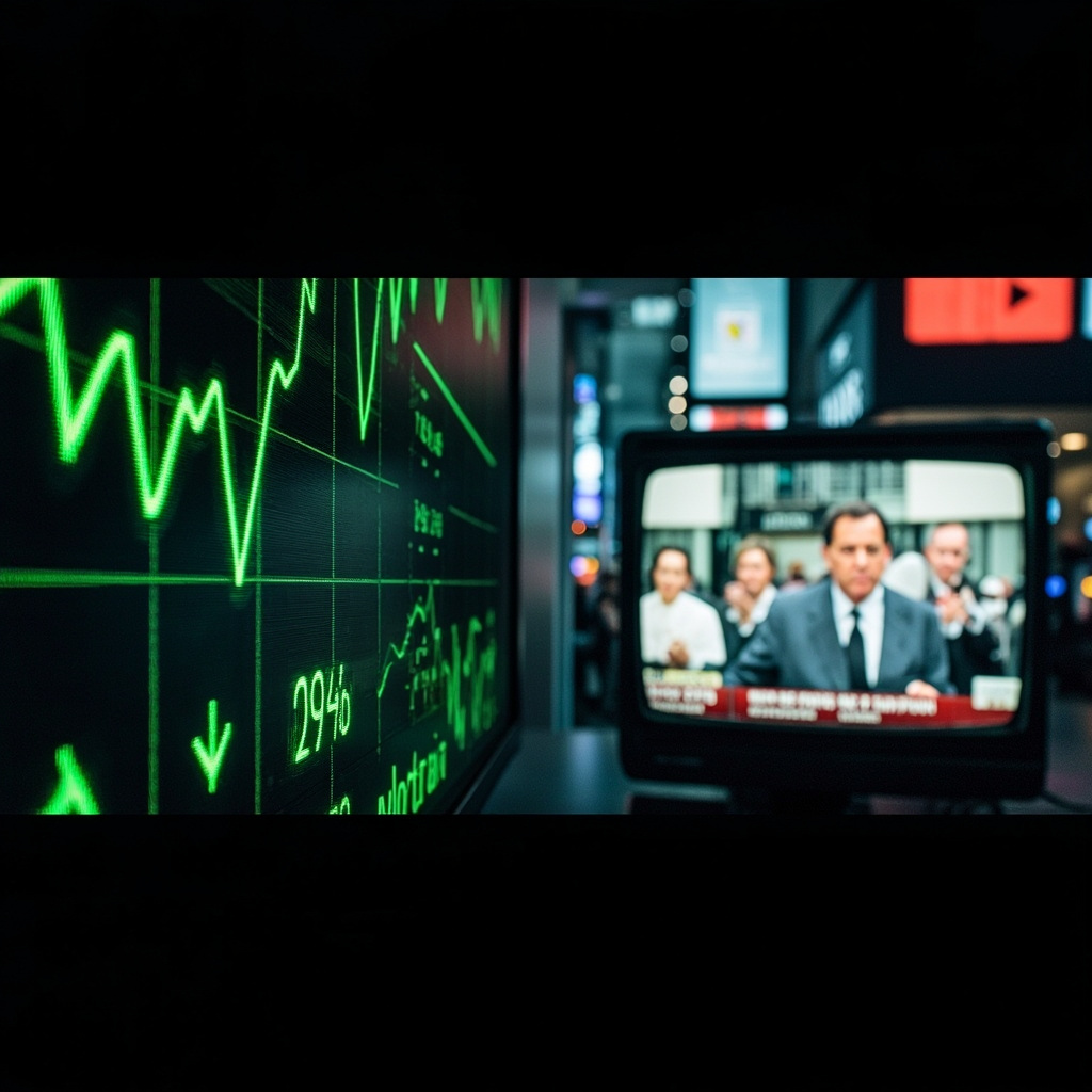 A stock exchange display board showing green arrows next to a television screen showing conflicting news headlines