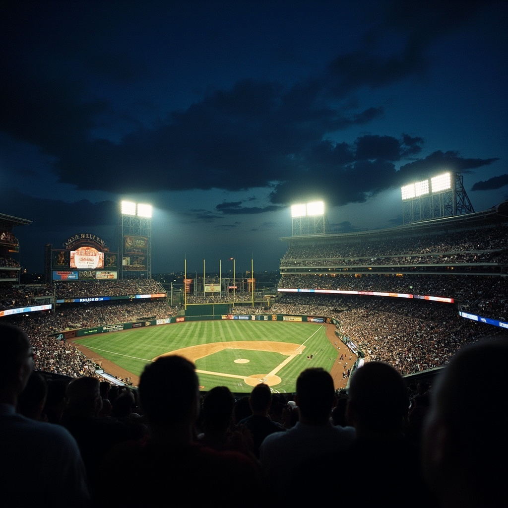 A packed baseball stadium at night with the field illuminated under floodlights during opening week