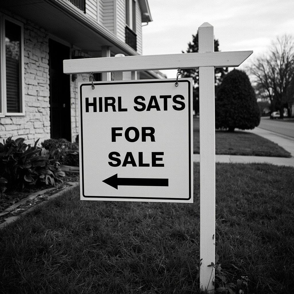 A for-sale sign in front of a suburban house with no visitors