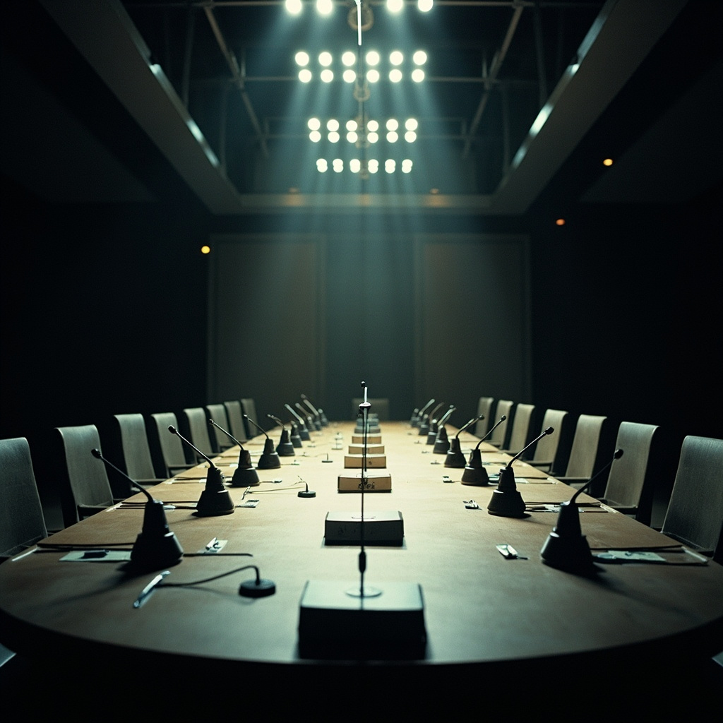 An empty NATO conference table with microphones and nameplates under institutional lighting