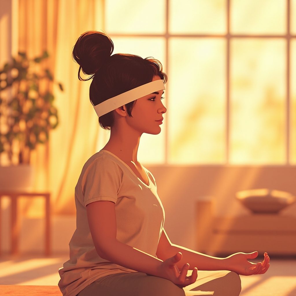 A person wearing a sleek EEG headband during a morning meditation session in a sunlit room