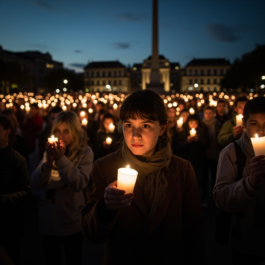 Candlelight vigil in a public square at dusk with hundreds of participants