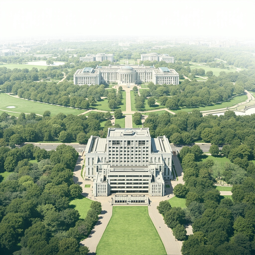 Architectural rendering of the Obama Presidential Center tower and surrounding campus in Jackson Park, Chicago