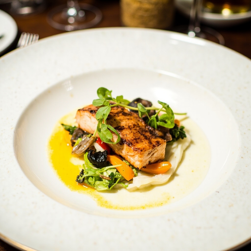 A restaurant plate with a dramatically small portion of grilled salmon and vegetables on fine china