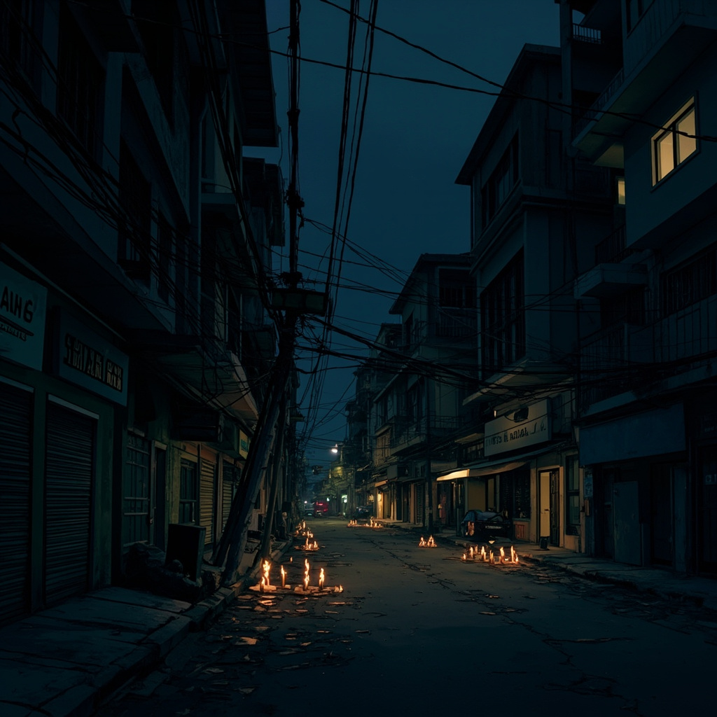 A dark Manila street during a brownout with scattered candlelight