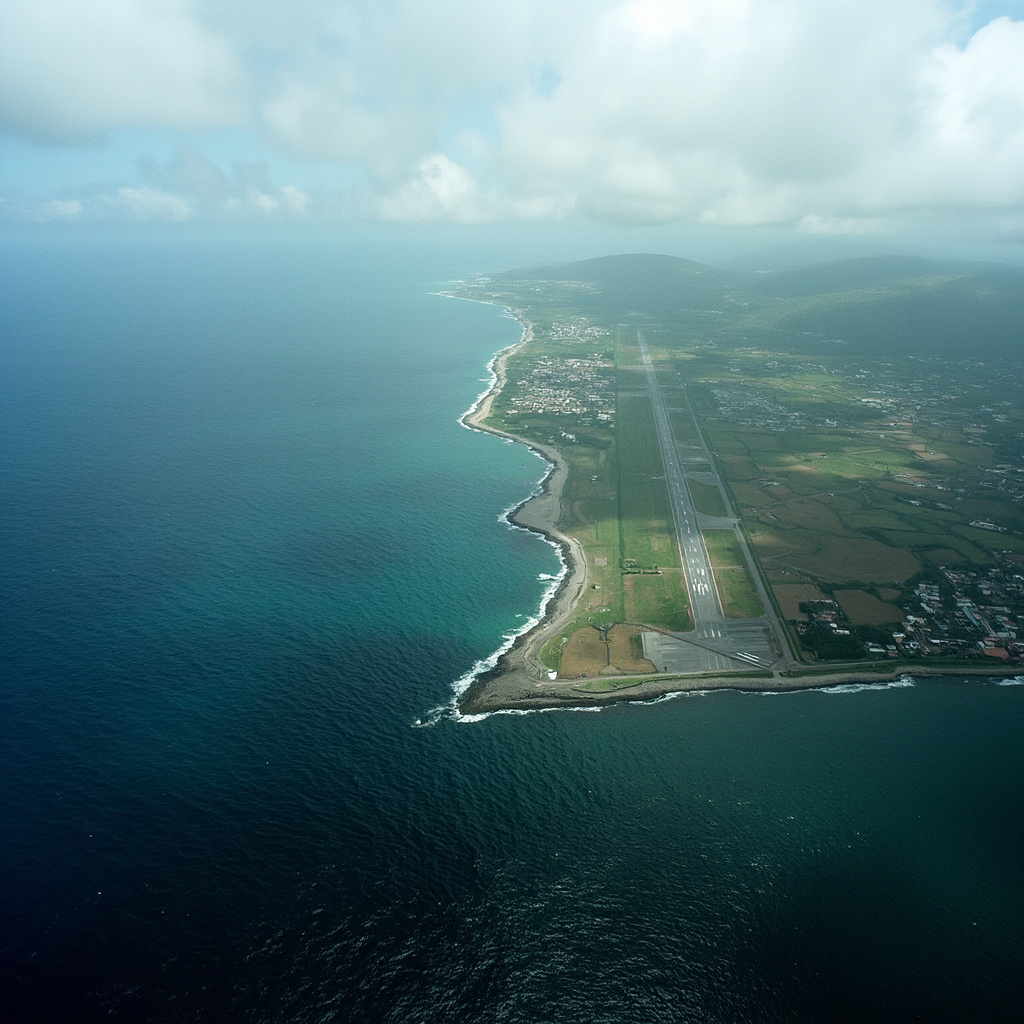 An aerial view of the Azores islands with a military runway visible along the coastline