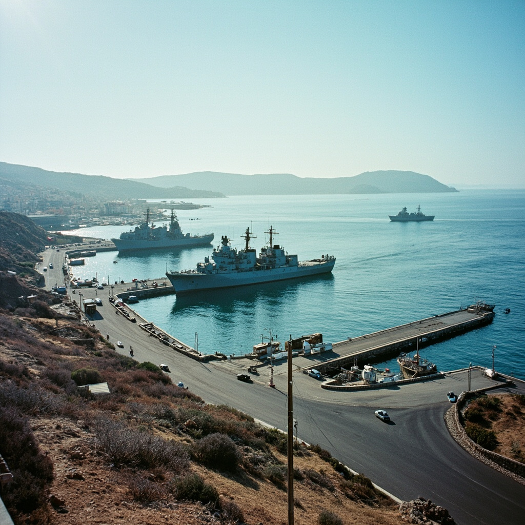A Mediterranean naval base with warships docked and the Spanish coastline in the background