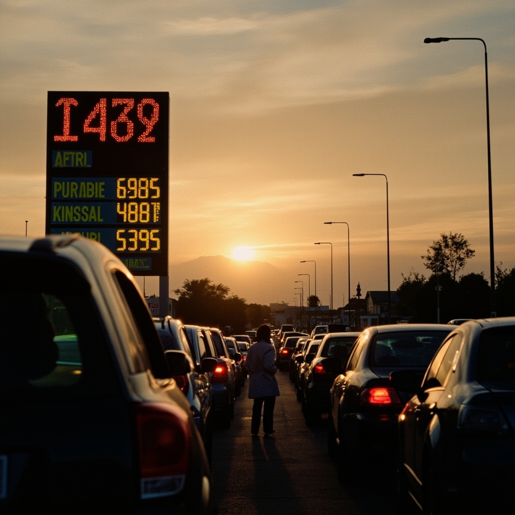 A long queue of cars at a petrol station in Johannesburg at sunset with a digital price board showing high numbers