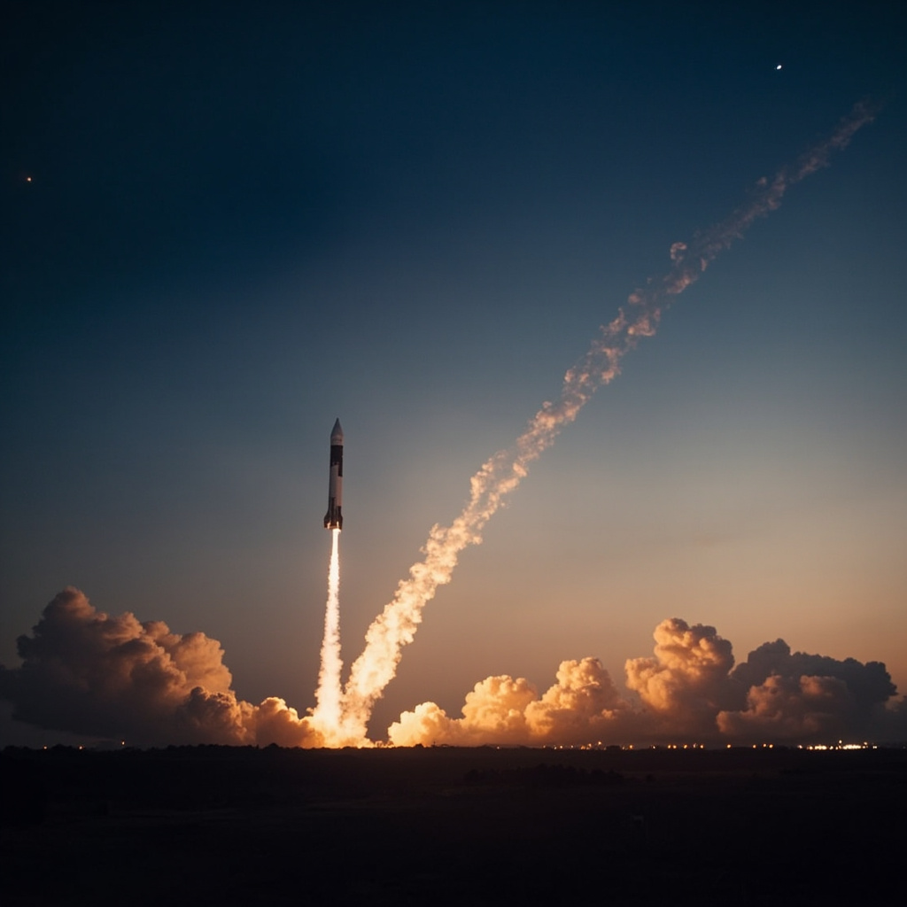A Falcon 9 rocket launching against a twilight sky with a trail of Starlink satellites visible in orbit