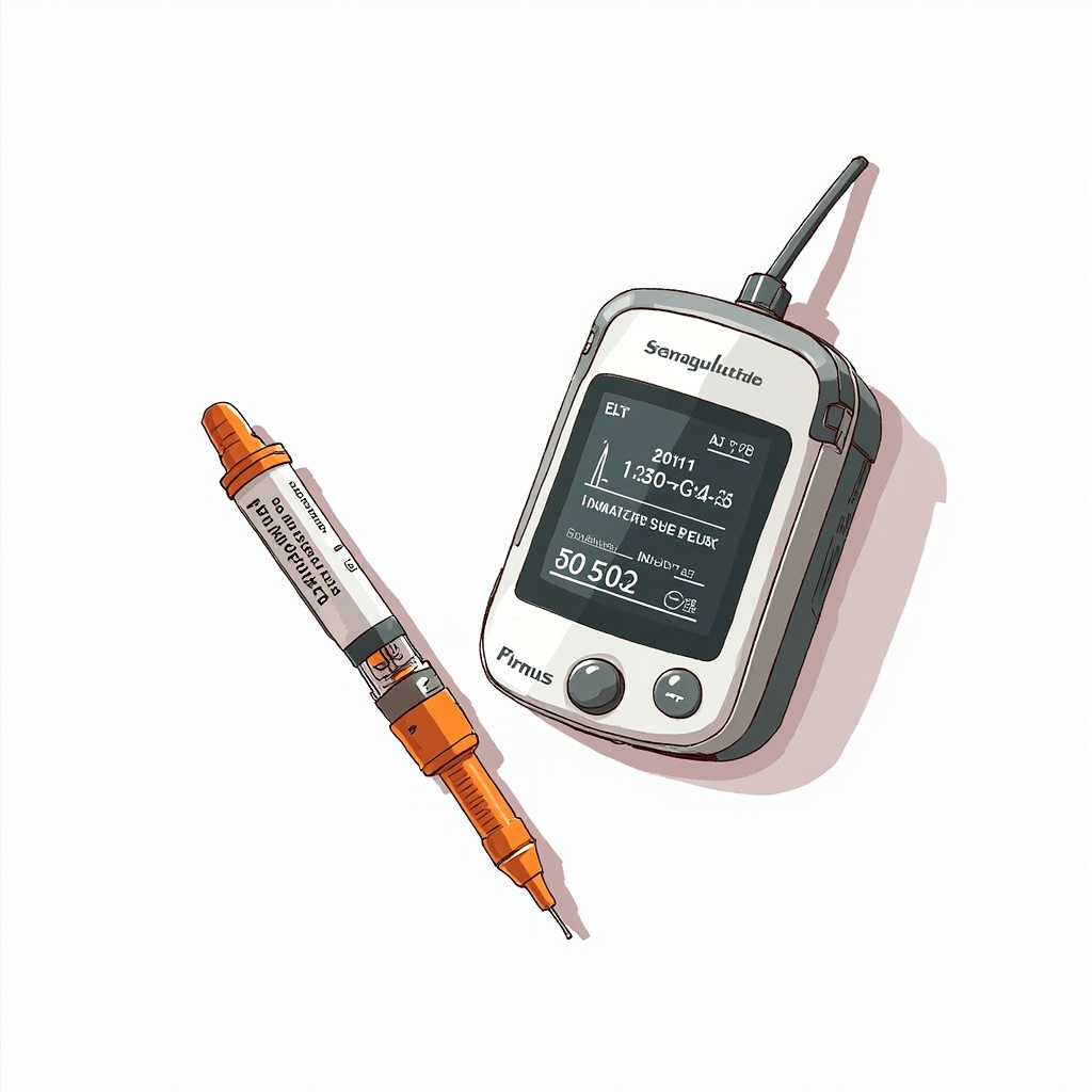 Semaglutide injection pen next to a heart monitor readout