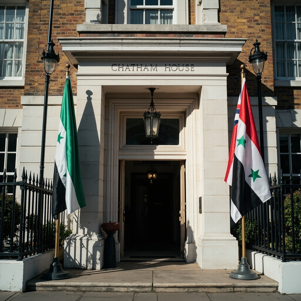 The exterior of Chatham House in London with Syrian and British flags flanking the entrance