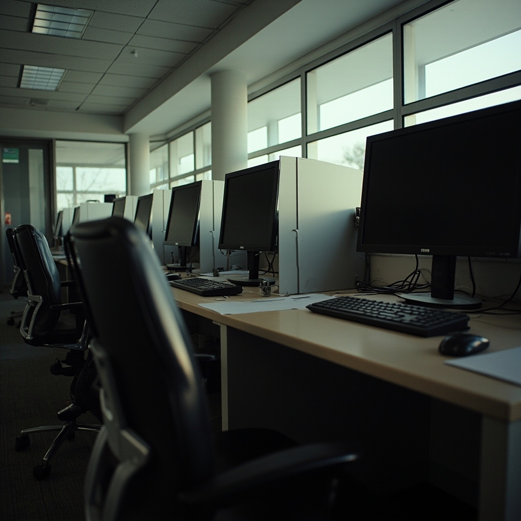 Empty office desks with computer monitors turned off