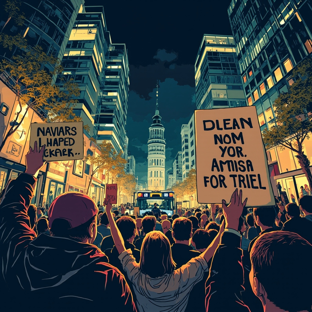 Protesters holding anti-war signs at Habima Square in Tel Aviv at night, with police in the background