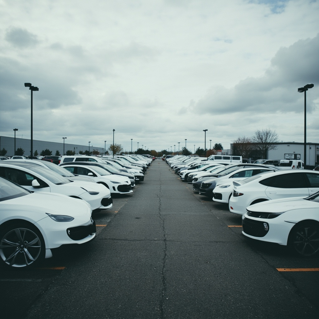 Rows of white Tesla vehicles parked in a delivery lot under overcast skies