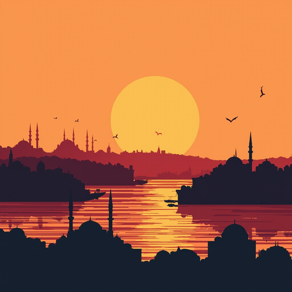 The Istanbul skyline with the Bosphorus strait and minarets silhouetted against a sunset