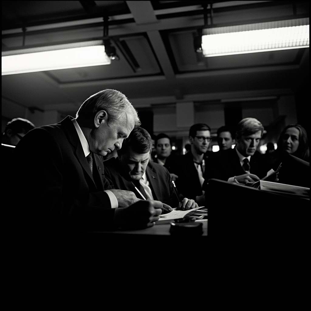 The White House press briefing room with reporters taking notes under harsh fluorescent light