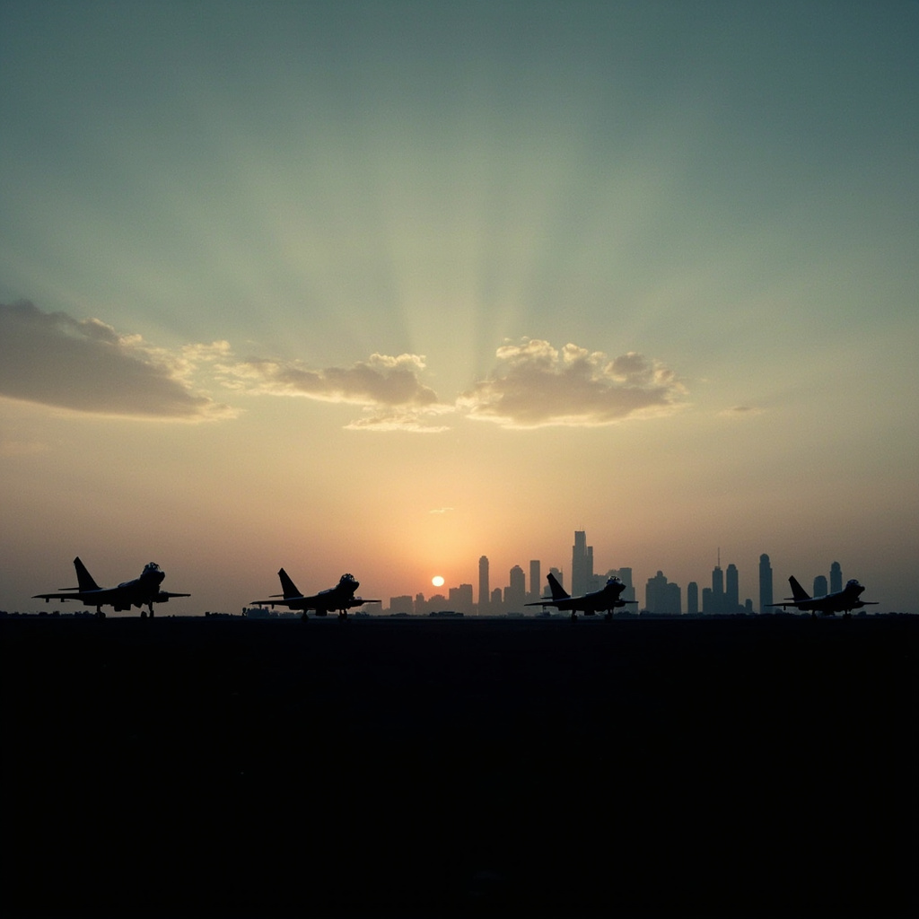 The Abu Dhabi skyline at dusk with military aircraft silhouettes in the foreground