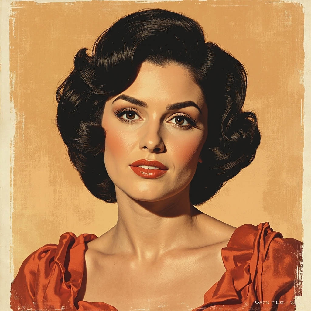 A vintage portrait-style tribute image of a Hollywood actress from the 1970s era