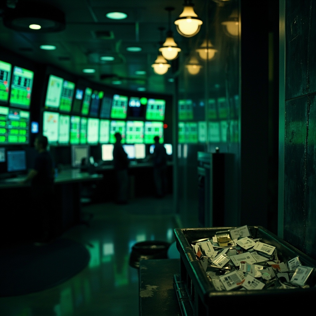 A Wall Street trading floor with screens glowing green next to a corporate lobby where security badges are collected in a bin