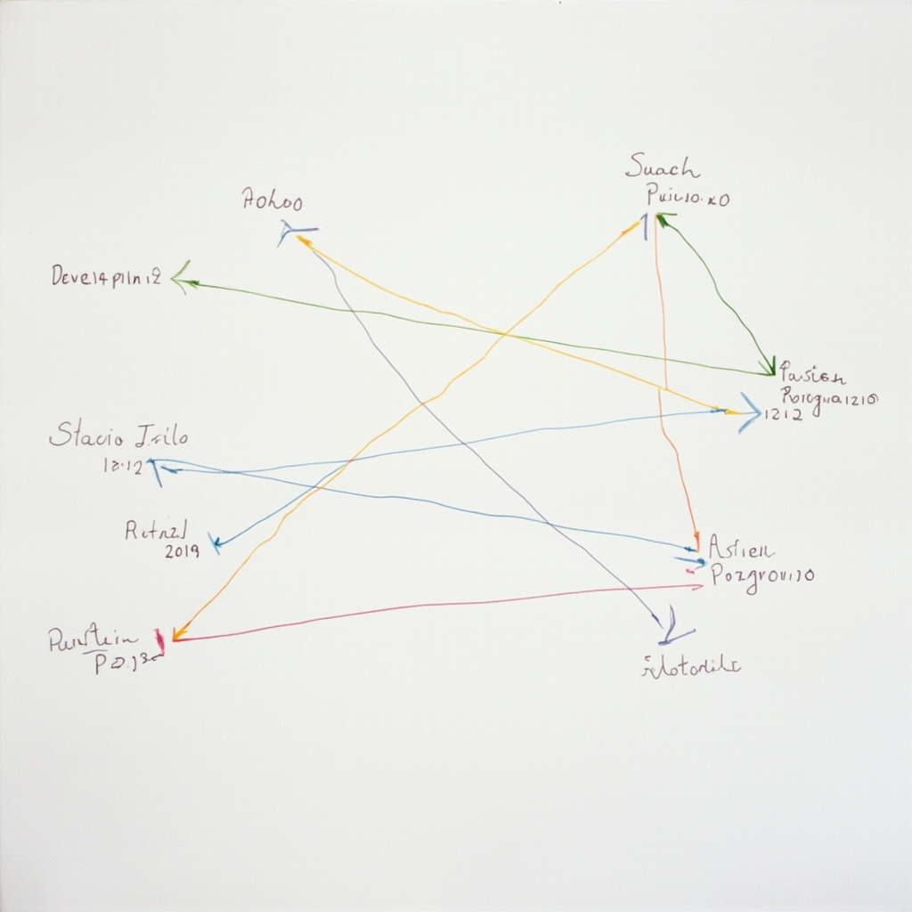 A whiteboard with seven handwritten dates connected by arrows in different colored markers