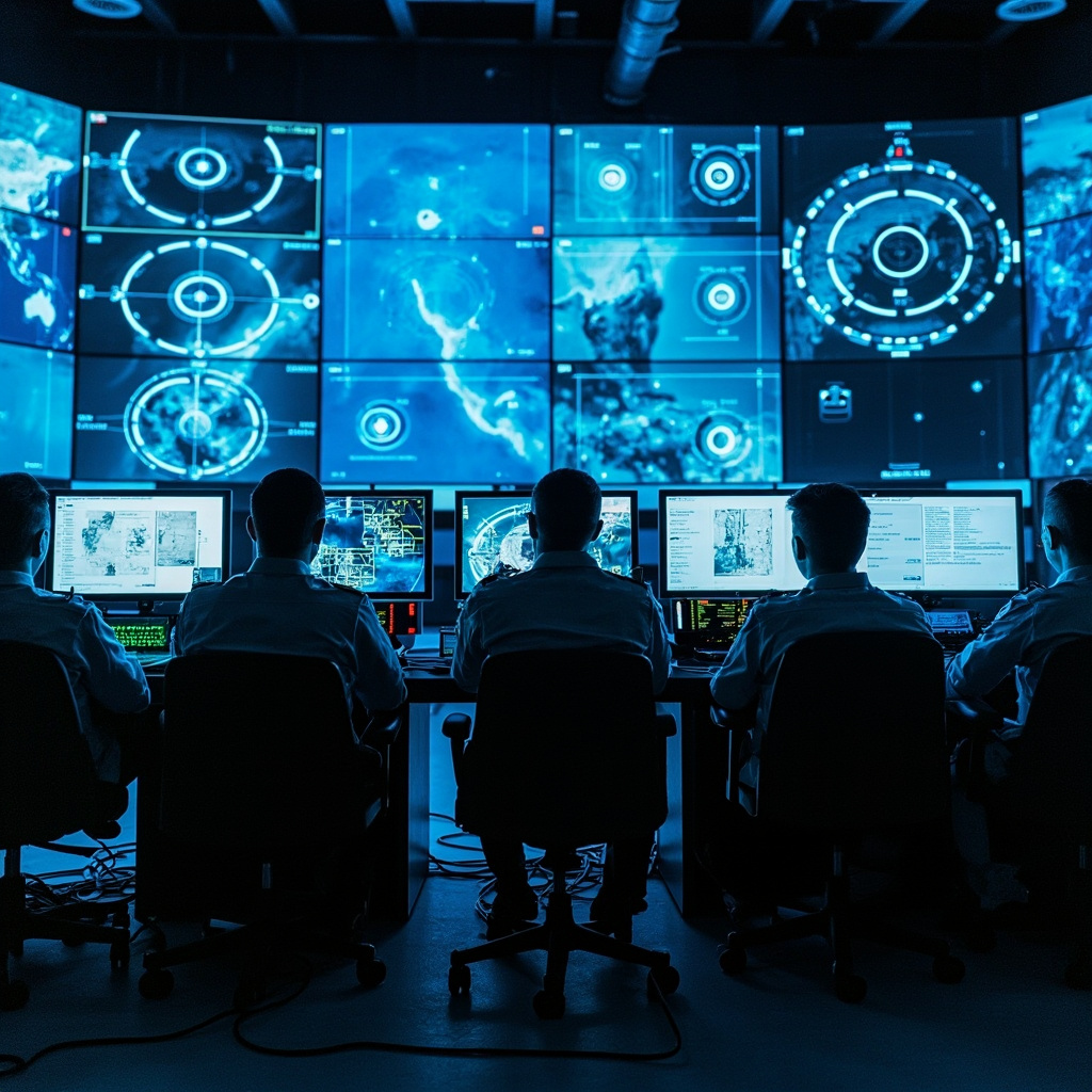 A military command center with AI targeting screens and Pentagon insignia