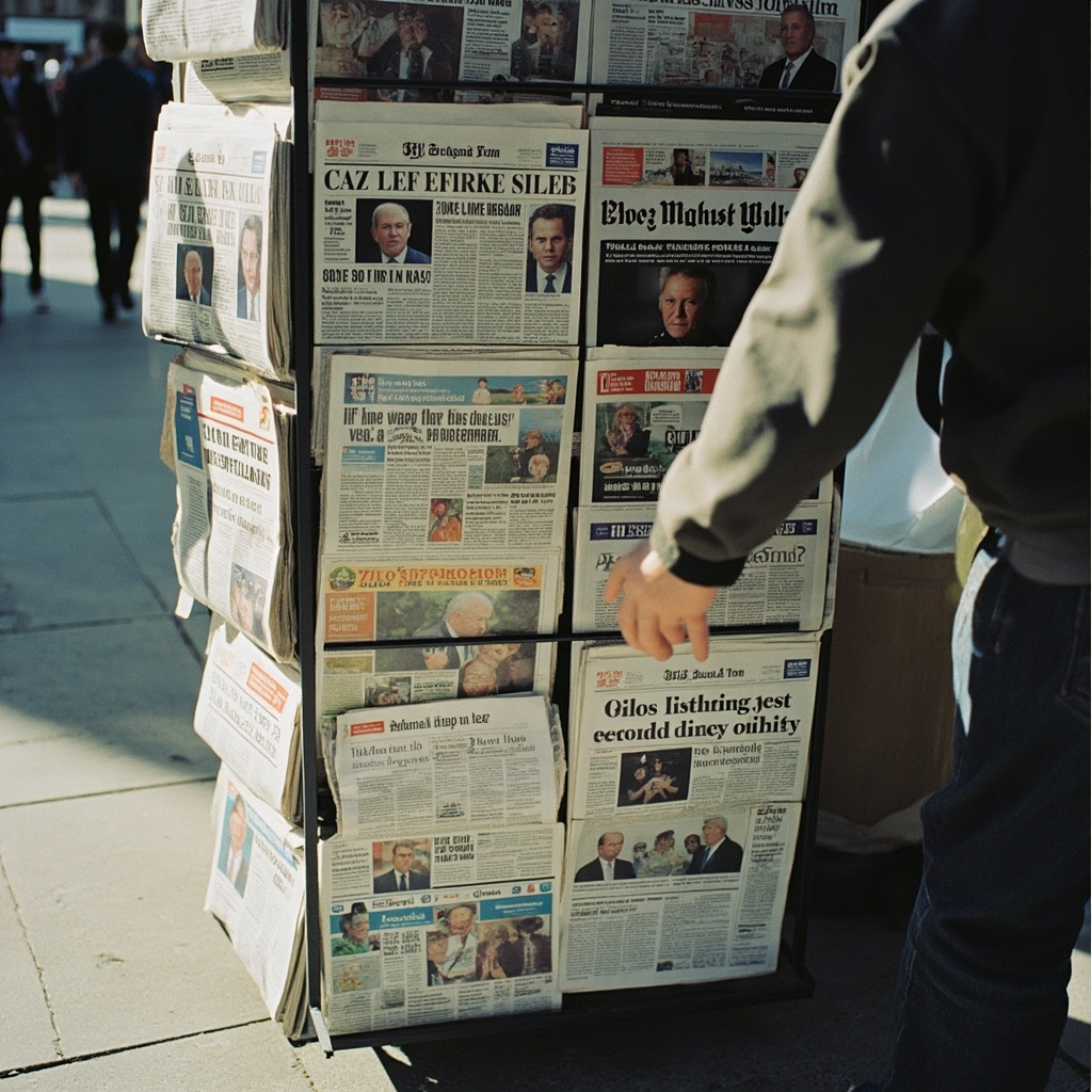 Newspaper front page split in half, one side labeled 'satire' and the other 'news' with identical headlines