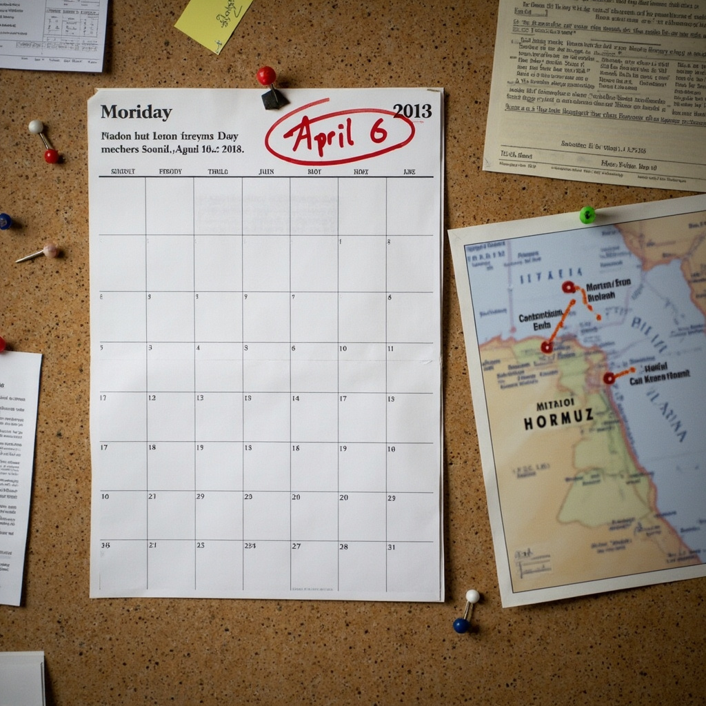 Calendar page showing April 6 circled in red with a map of the Strait of Hormuz in the background