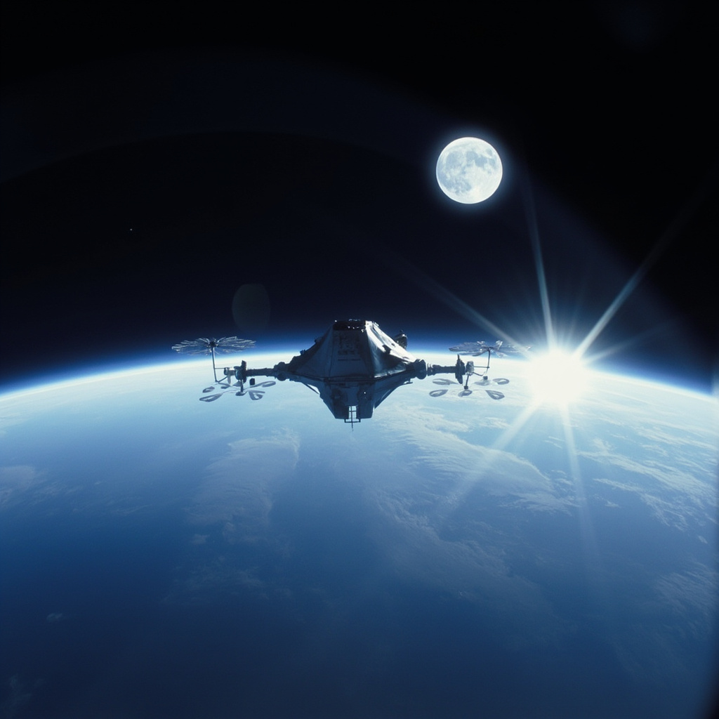 NASA Artemis II Orion spacecraft in Earth orbit with the Moon visible in the distance
