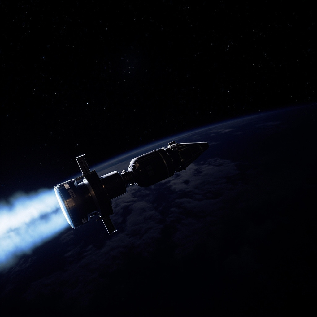 Illustration of Orion spacecraft with European Service Module engine firing during TLI burn