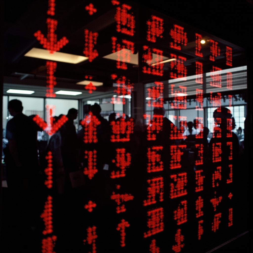 Tokyo Stock Exchange trading floor screens showing red downward arrows with traders in foreground