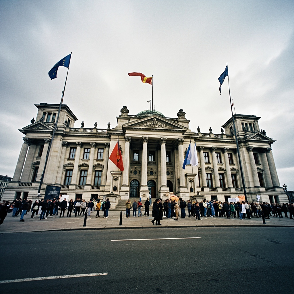 Belgian parliament building in Brussels with EU and NATO flags visible in the background