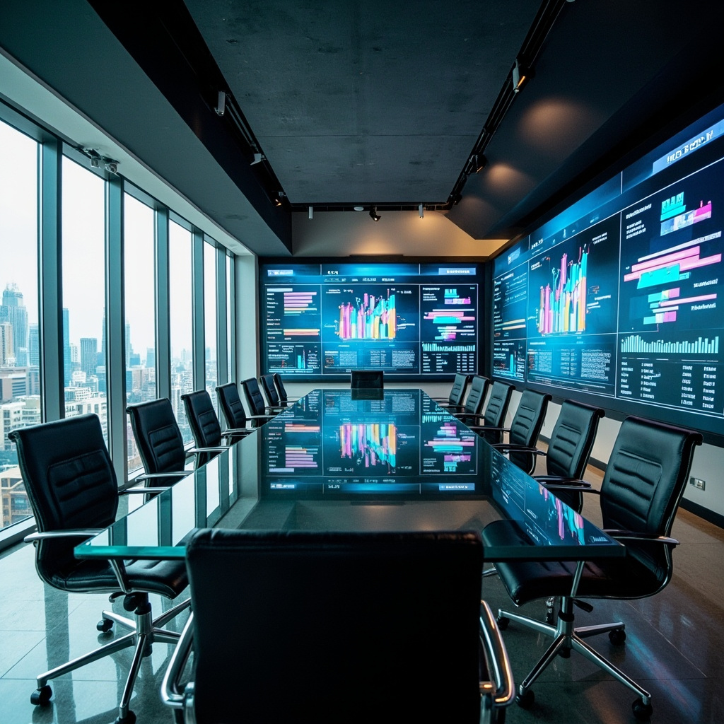 Corporate boardroom with AI dashboard displayed on screen and executives in discussion