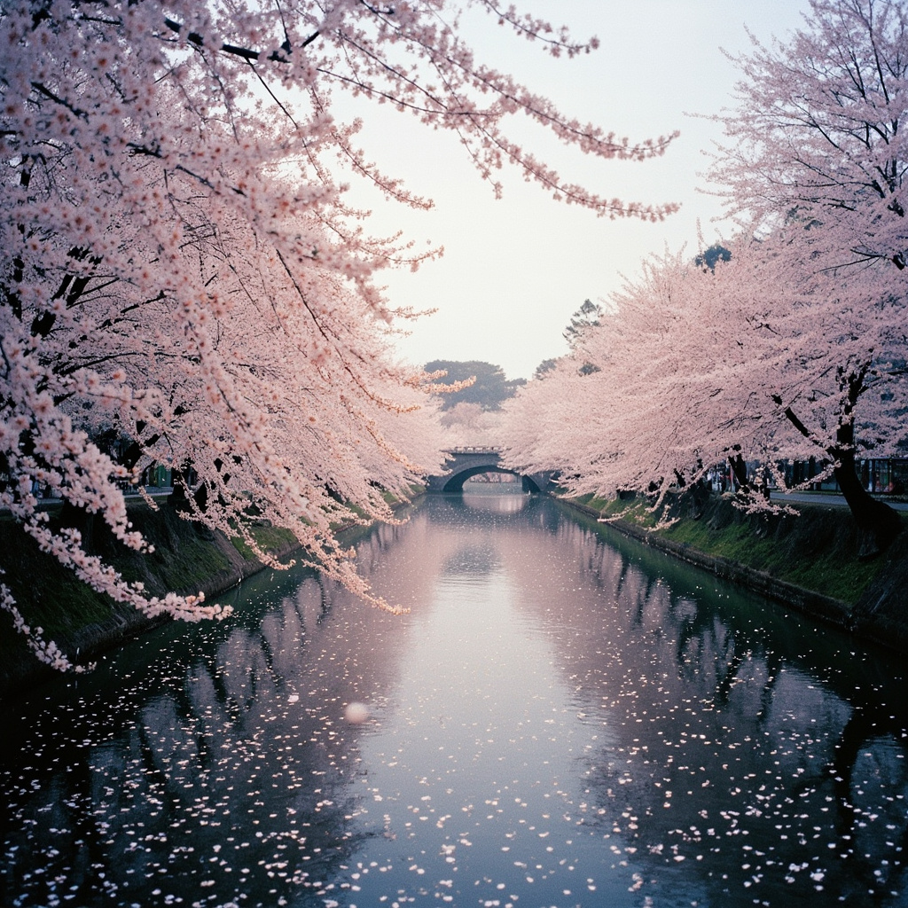 Cherry blossom trees in full bloom along a river in Tokyo with petals falling into the water
