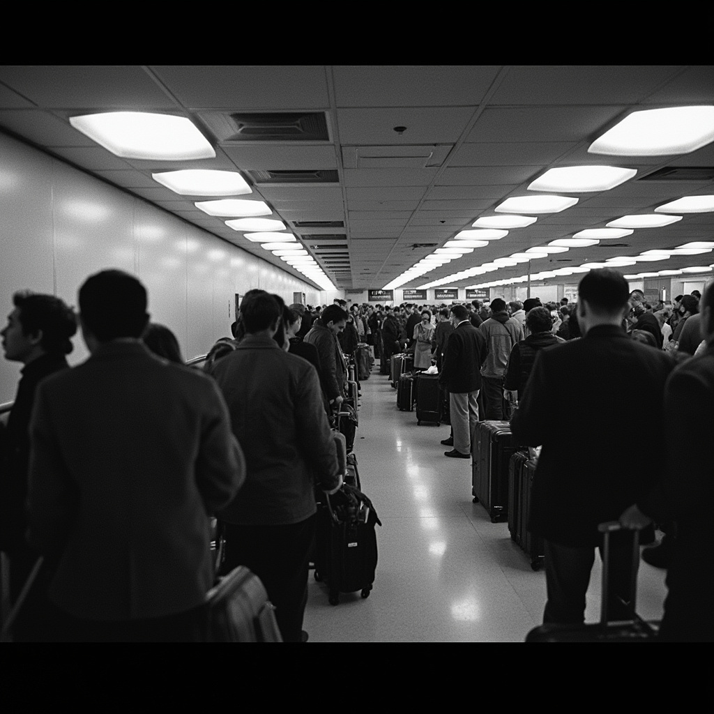 Long security line at an American airport with visible 'DHS Shutdown' signage