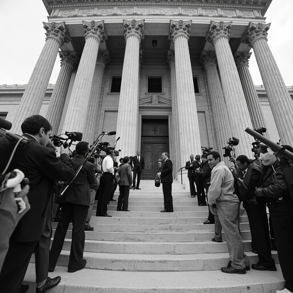 A federal courthouse entrance with press cameras and microphones gathered outside