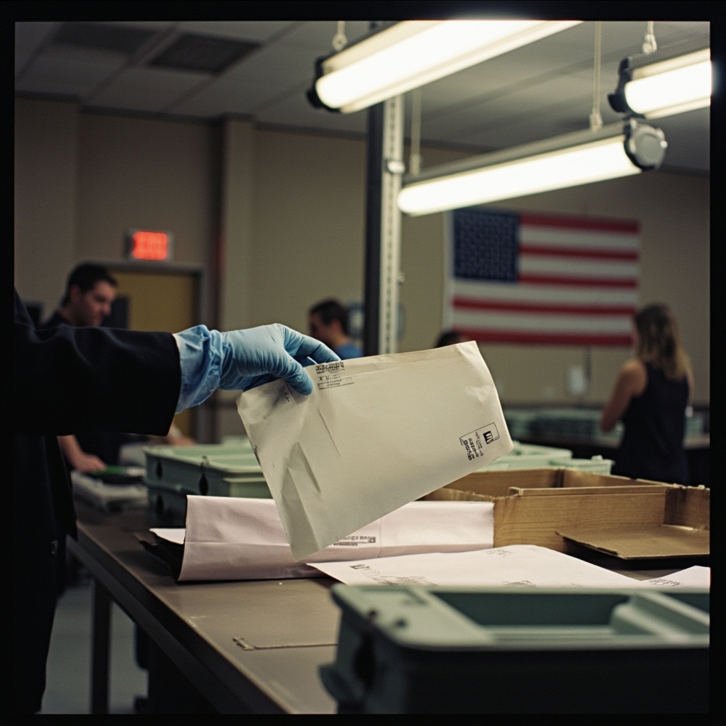 A mail-in ballot envelope next to a presidential seal and American flag